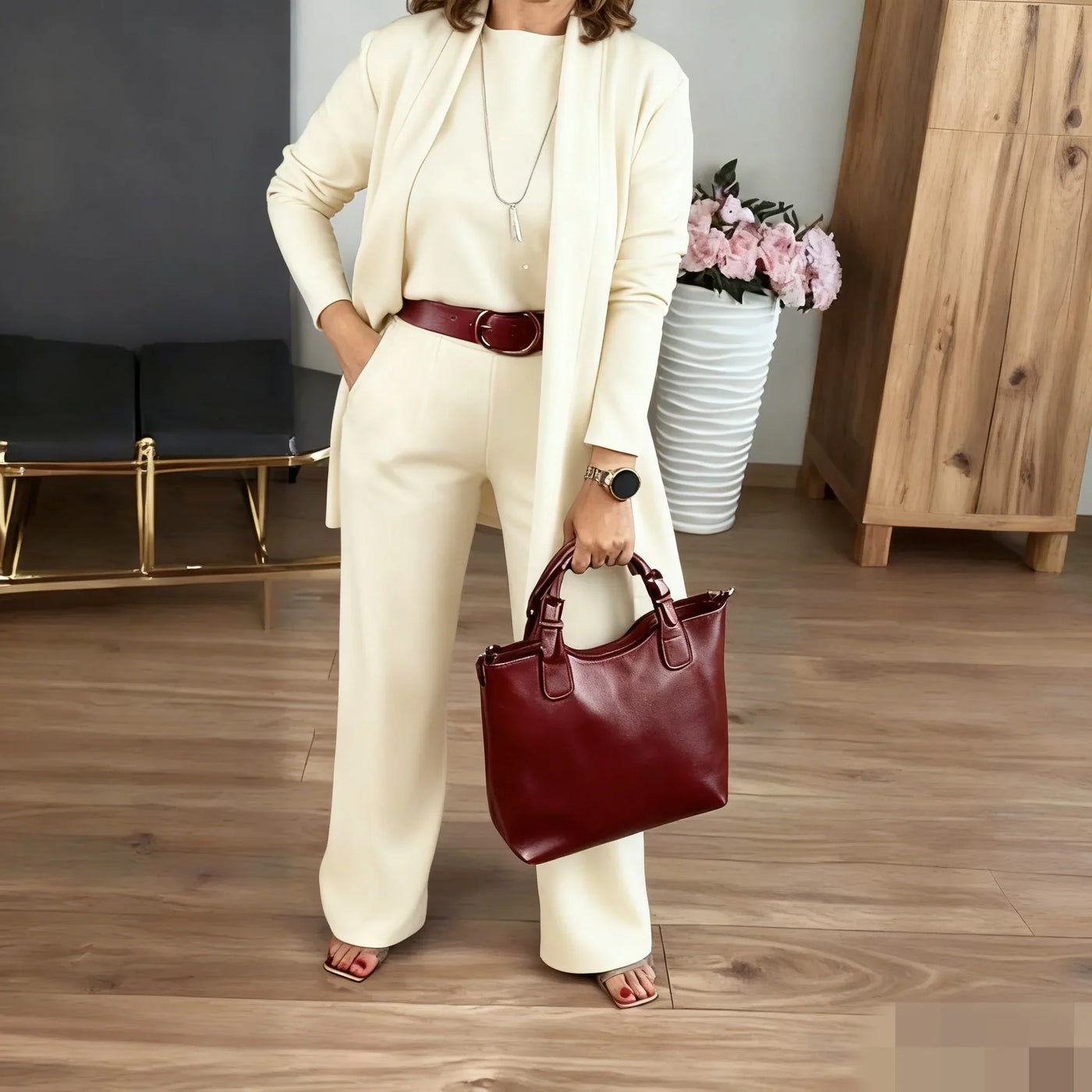 Lunaria | Conjunto Elegante de 3 Peças para Mulher com Cardigan, Top e Calças